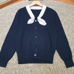 🖤 Navy Knit Cardigan Lace Sailor Collar Button Down Soft Sweater